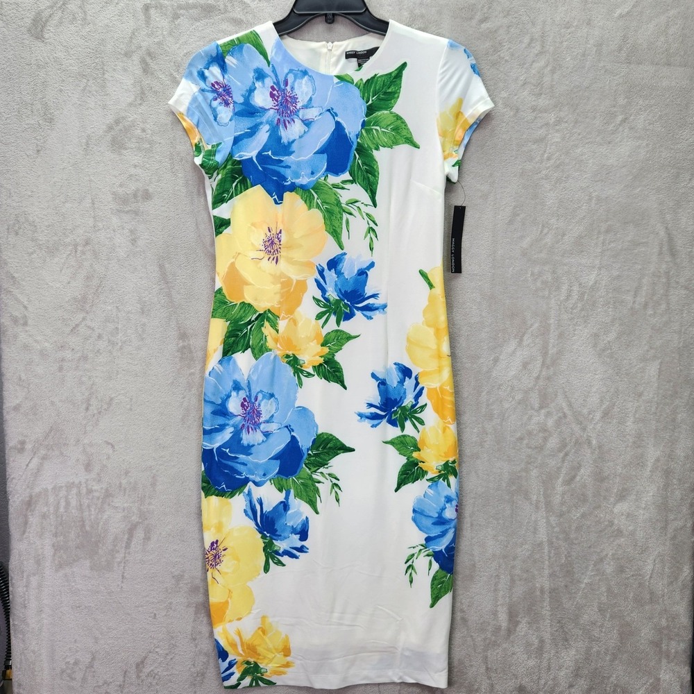 Maggy London Women's Blue Yellow Floral Sheath Dress Short Sleeve Midi‎ Size 6
